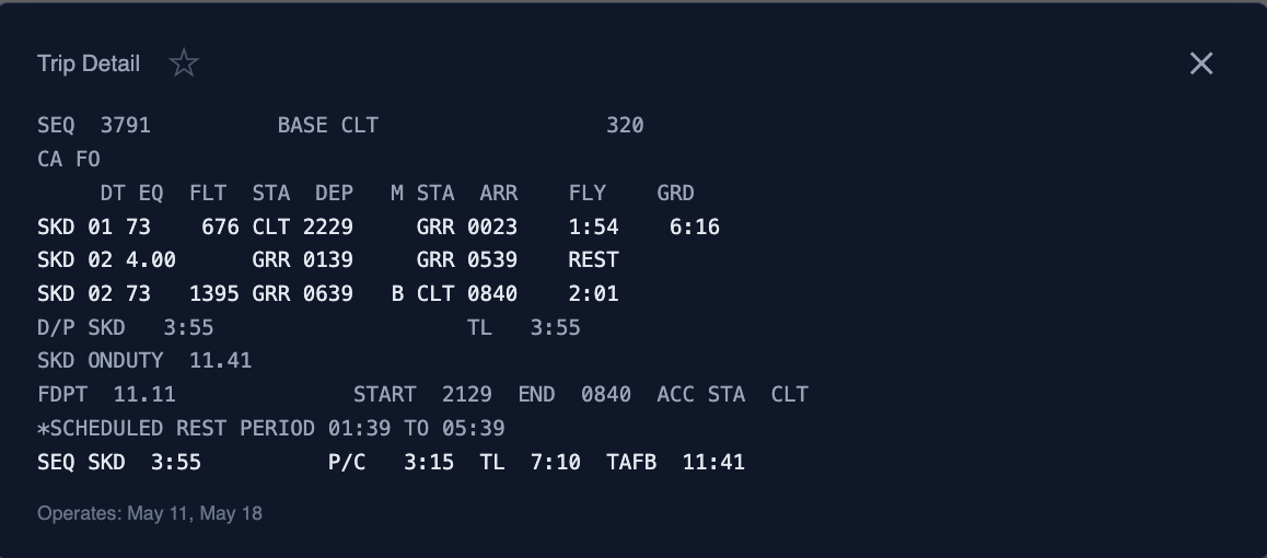 Split Duty example - SEQ 3791, CLT 320, CLT-GRR-CLT, 3:55 block, 7:10 TL, 11:41 TAFB