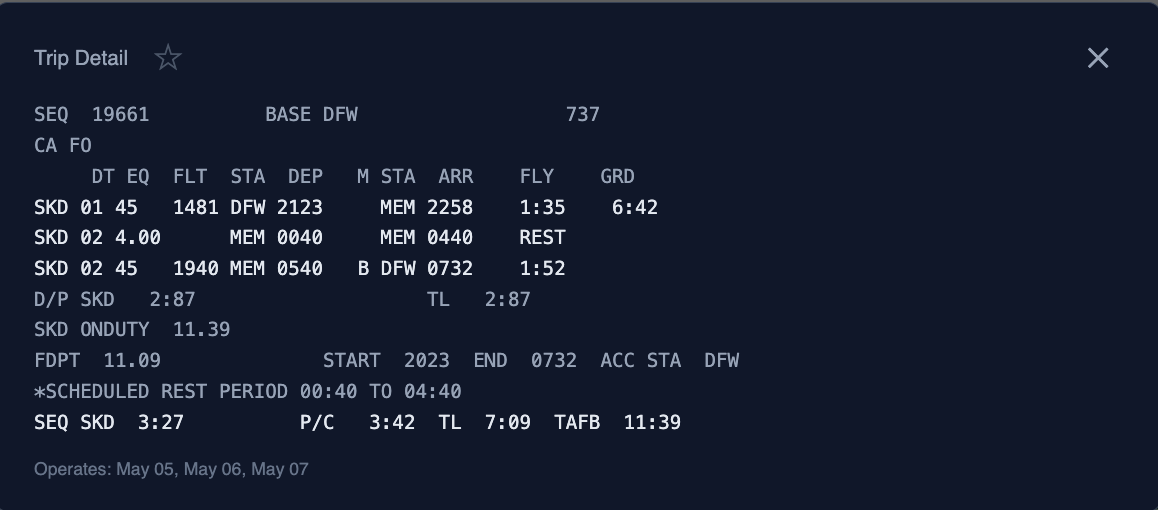 Split Duty example - SEQ 19661, DFW 737, DFW-MEM-DFW, 3:27 block, 7:09 TL, 11:39 TAFB